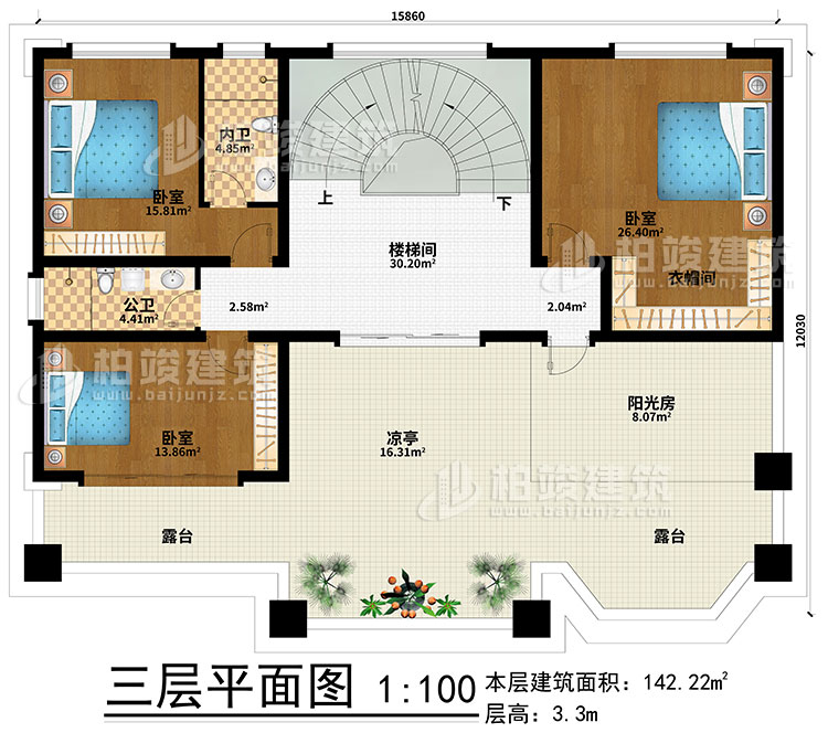 三层：楼梯间、3卧室、衣帽间、公卫、内卫、阳光房、凉亭、2露台